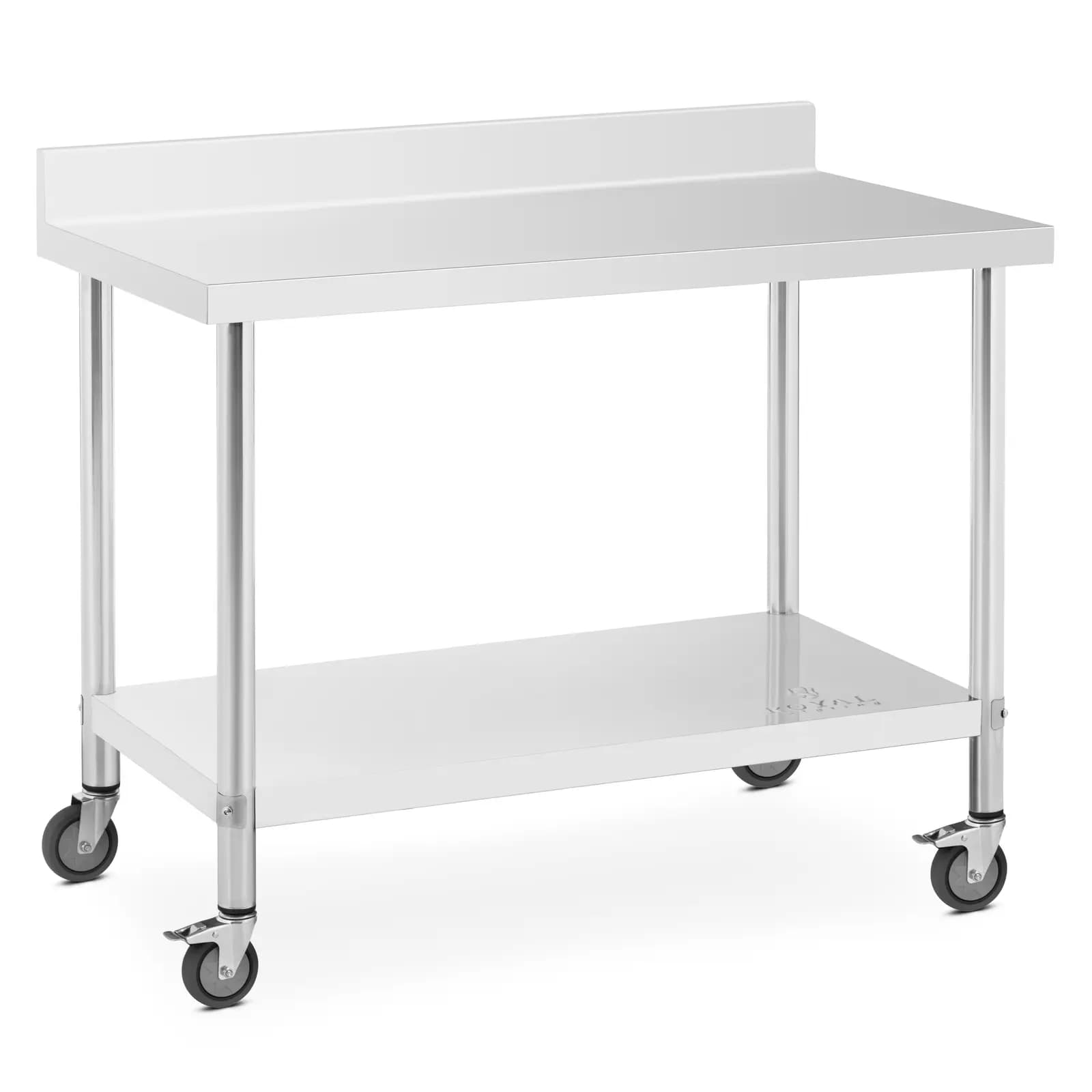 Edelstahltisch mit Rollen - PREMIUM - 60 x 120 cm - 158 kg - Aufkantung - Royal Catering