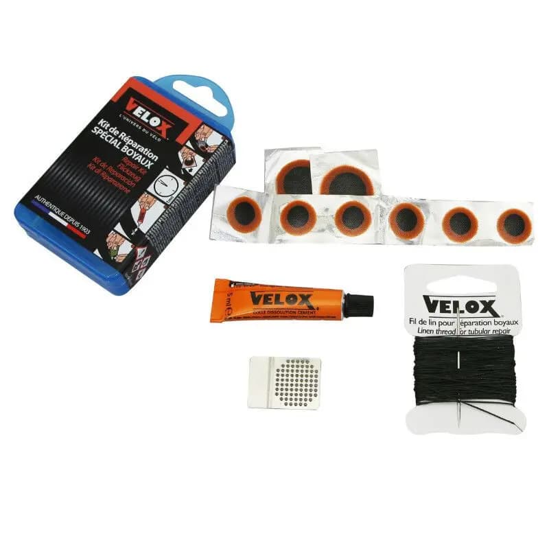 Darmreparaturset - Box mit 6 Flicken 15mm + 2 Flicken 25mm + Klebstoff 5g + Stahlraufe mit Anleitung Velox