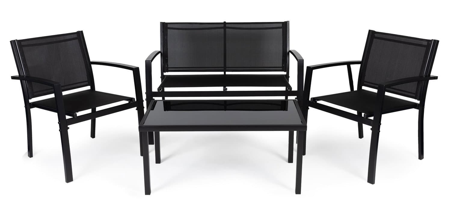 Gartenmöbel aus Metall mit Glastisch und Textil