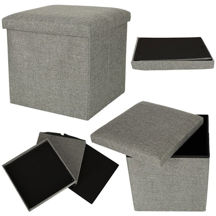 Pouf de rangement pliable gris, stable 100 kg