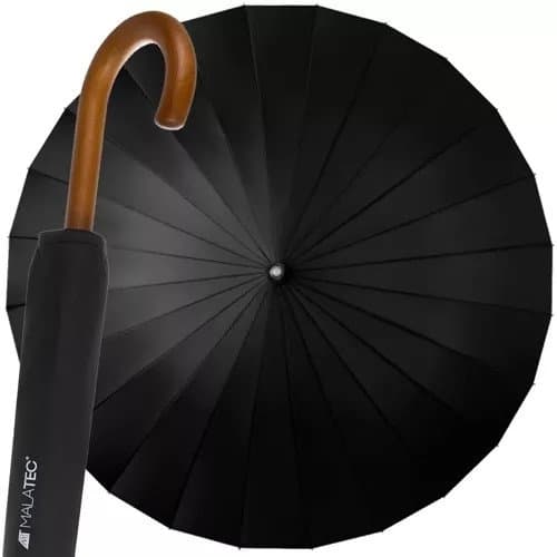 Parapluie familial noir, manche en bois, 24 fils