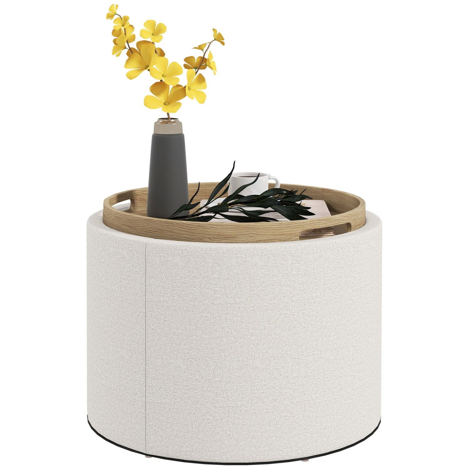 Sgabello ottomano rotondo con contenitore, crema