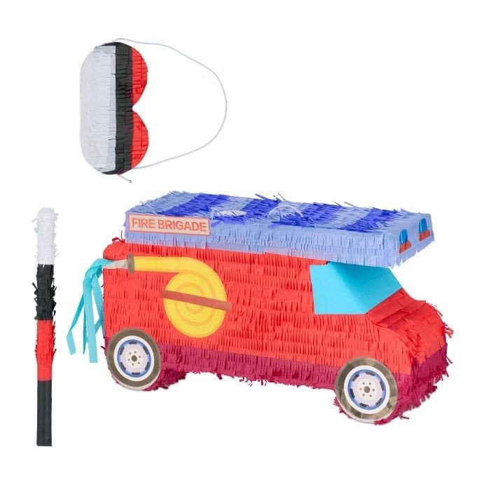 Pinata camion de pompier avec bâton et masque
