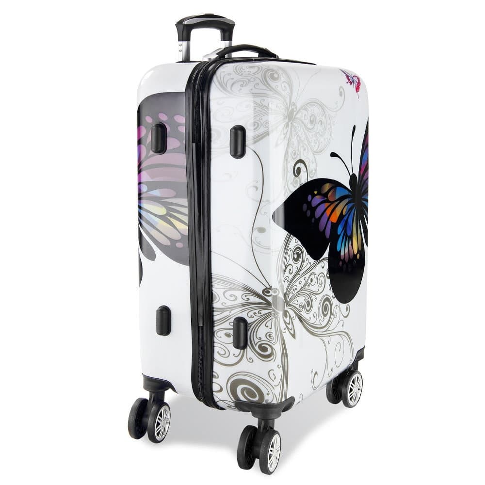 Valise rigide 66L, motif papillon, plastique ABS