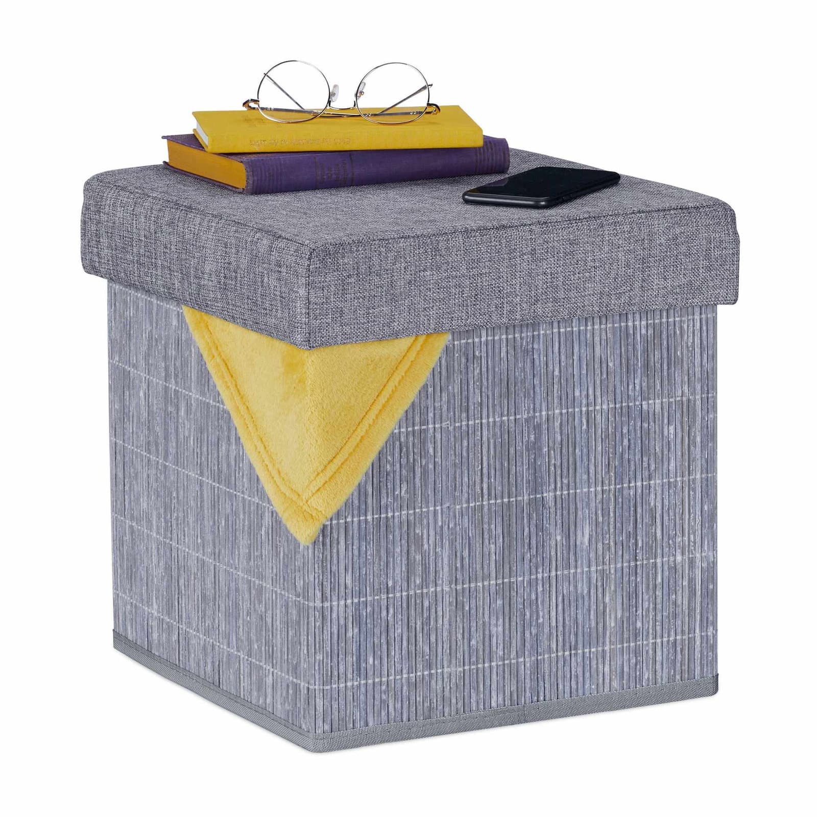 Sgabello grigio con spazio di archiviazione