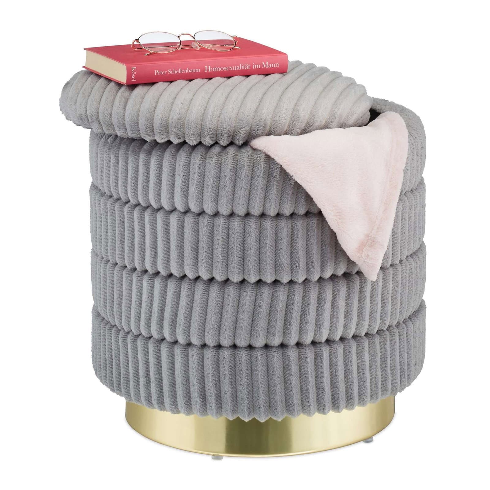 Sgabello in velluto con contenitore grigio