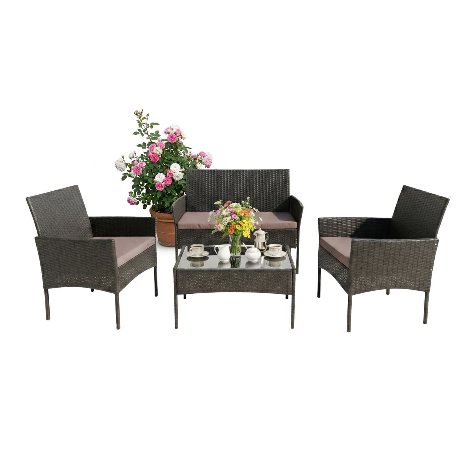 4-teiliges Rattan-Gartenset – Sofa, Stühle & Tisch