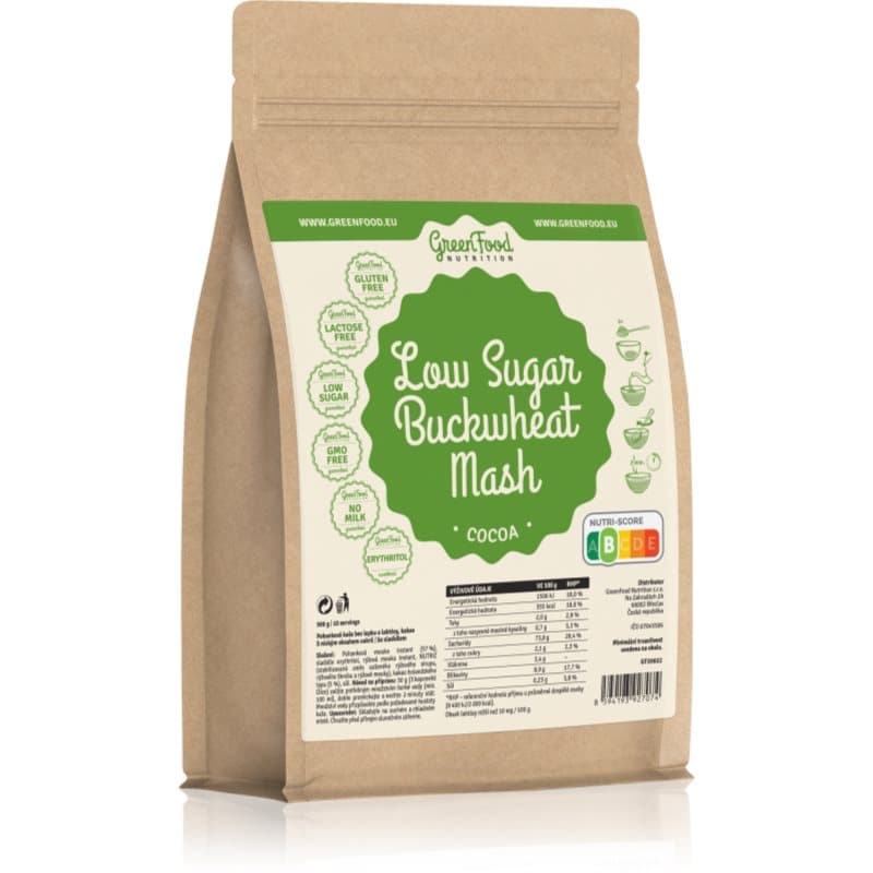 GreenFood Nutrition Low Sugar Buckwheat Mash Buchweizen-Porridge mit niedrigem Zuckergehalt Geschmack Cocoa 500 g