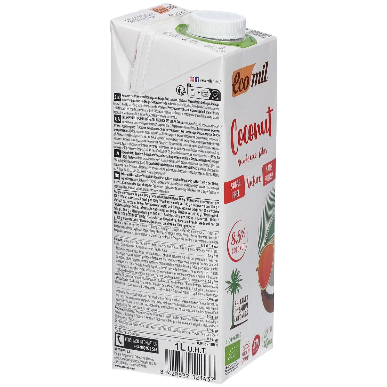 Ecomil Kokosmilch ohne Zucker Bio 1 L view 2