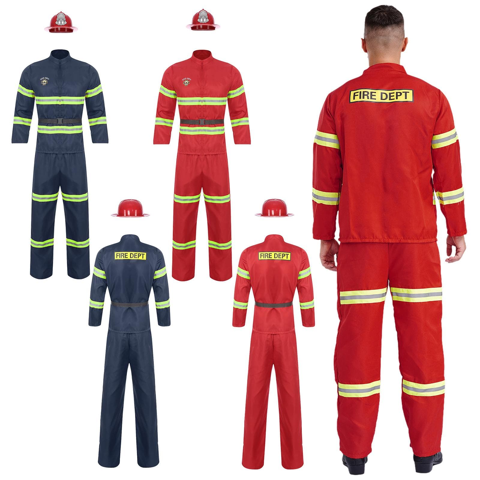 Herren Feuerwehrmann Feuerwehrhelden Halloween Cosplay Kostüm Kunststoffhelm Langarm Feuerwehrmann Jacke Mantel Hose und Gürtel rot