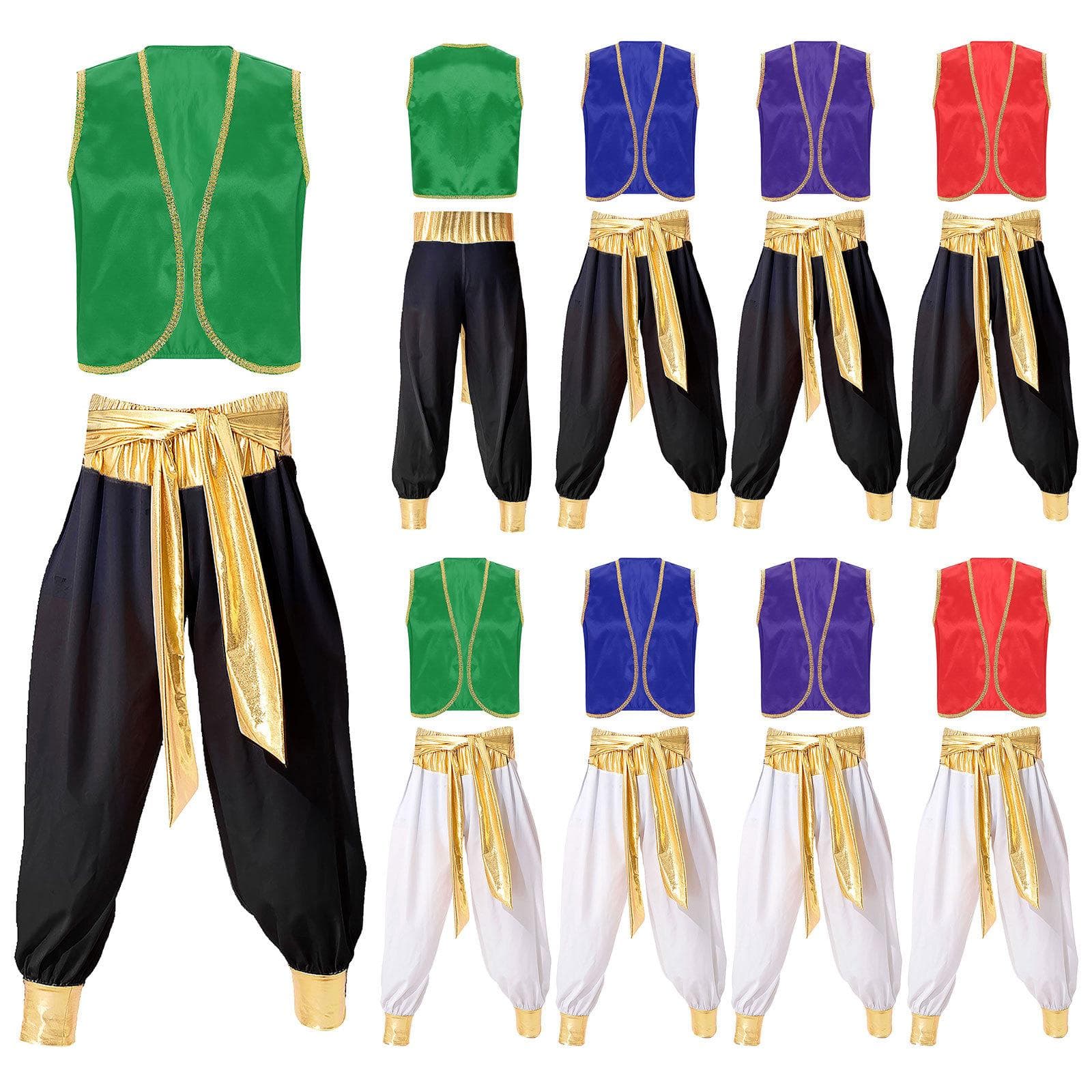 Arabischer Prinz Kostüm-Set für Herren, ärmellos, geflochtener Besatz, offene Weste vorne, elastischer Bund, Patchwork-Hose für Karneval, Party,