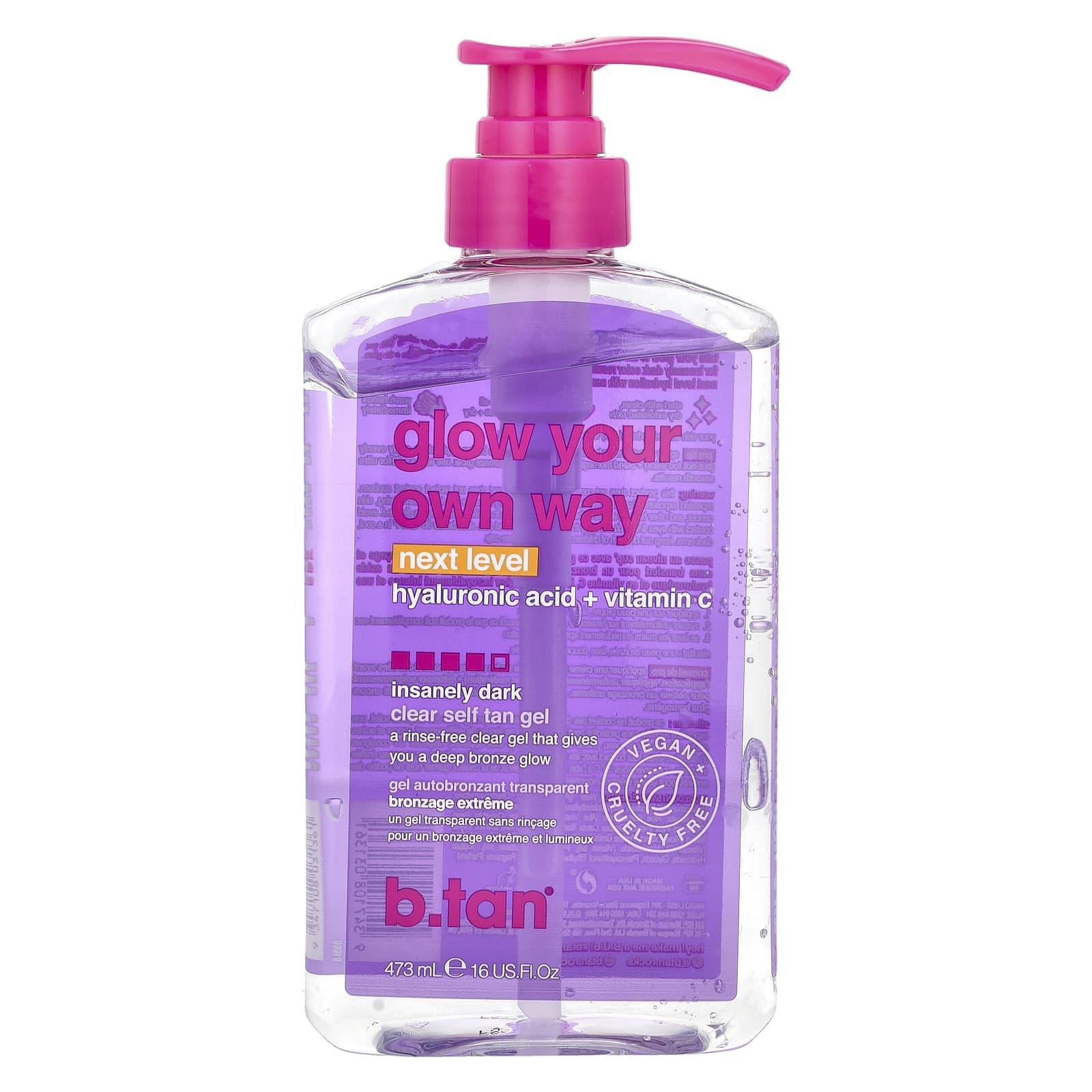 b.tan, Glow Your Own Way, klares Selbstbräunungsgel, Inneri Dark, 473 ml (16 fl oz)