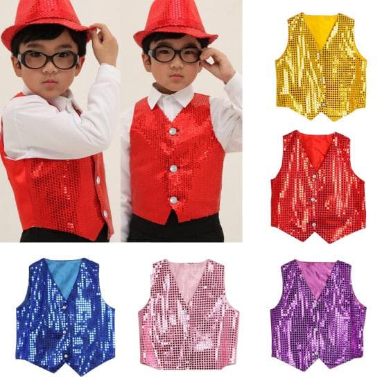 Jungen Mädchen Pailletten Weste Weste Hip-Hop Dance Party Street Show Kostüm 160cm rot