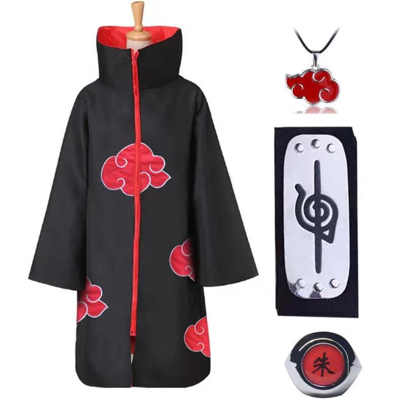 4 Stück Anime Naruto Akatsuki Uchiha Itachi Cosplay Kostüm Umhang Robe Ninja Trenchcoat Set Ring Stirnband Halloween cm