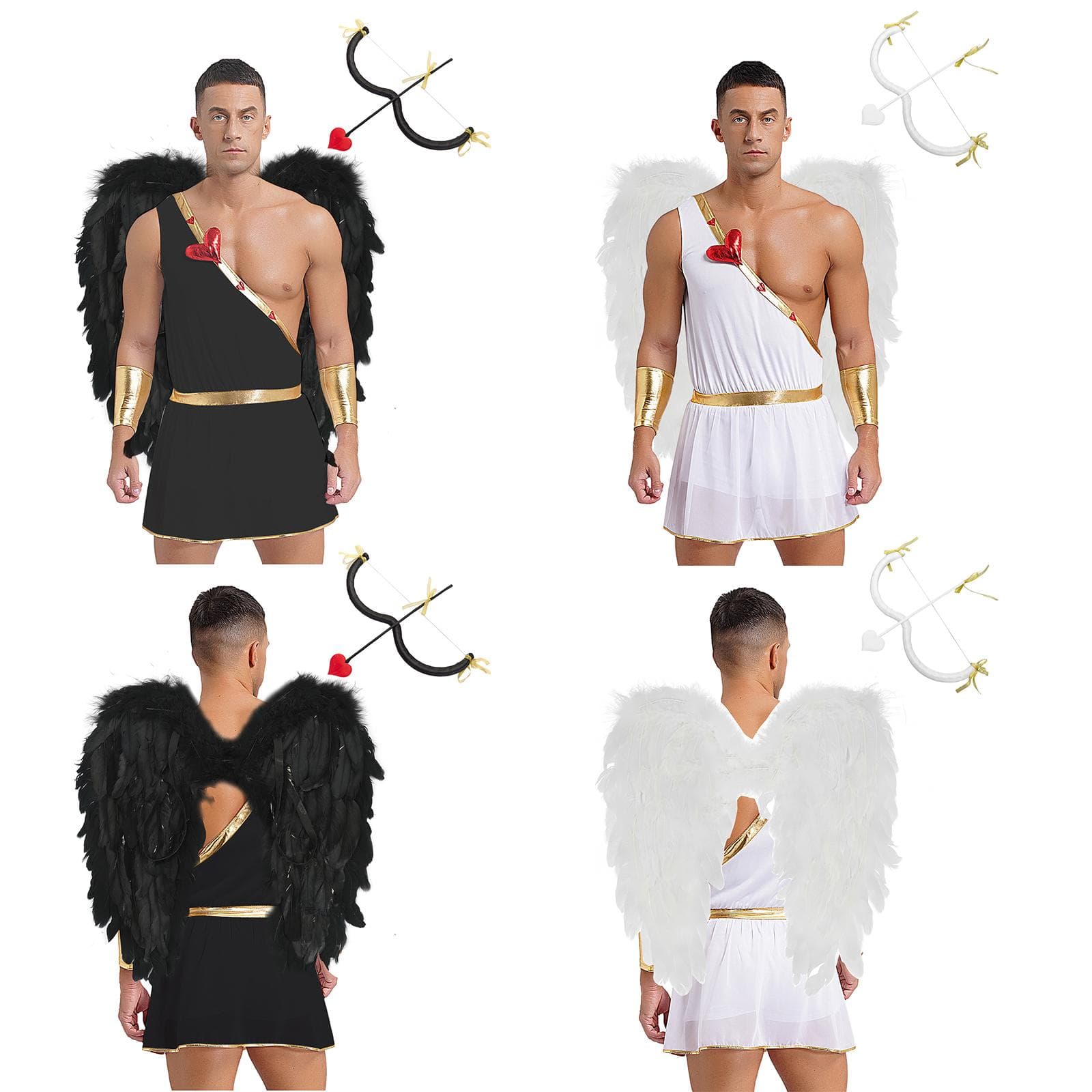 Herren Valentinstag Amor Cosplay Kostüm Herzförmiger Ein-Schulter-Romper Body Abnehmbare Manschetten Federflügel Set cm weiß