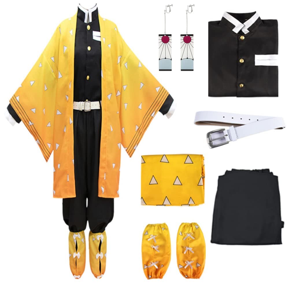 Anime Demon Slayer Agatsuma Zenitsu Cosplay Kostüm Cartoon Kimetsu No Yaiba Zenitsu Kostüm Sutis Perücken Halloween für Kinder Erwachsene cm