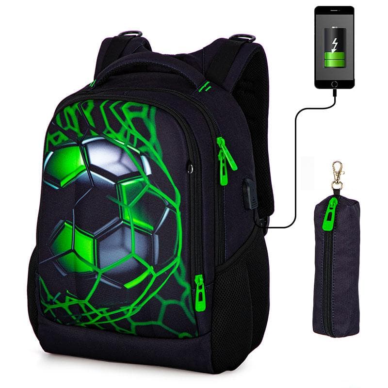 Orthopädische Schultasche für Jungen, 3D-Fußball-Rucksäcke, Studenten, USB-Aufladung, multifunktionaler Rucksack, Teenager, Büchertasche grün