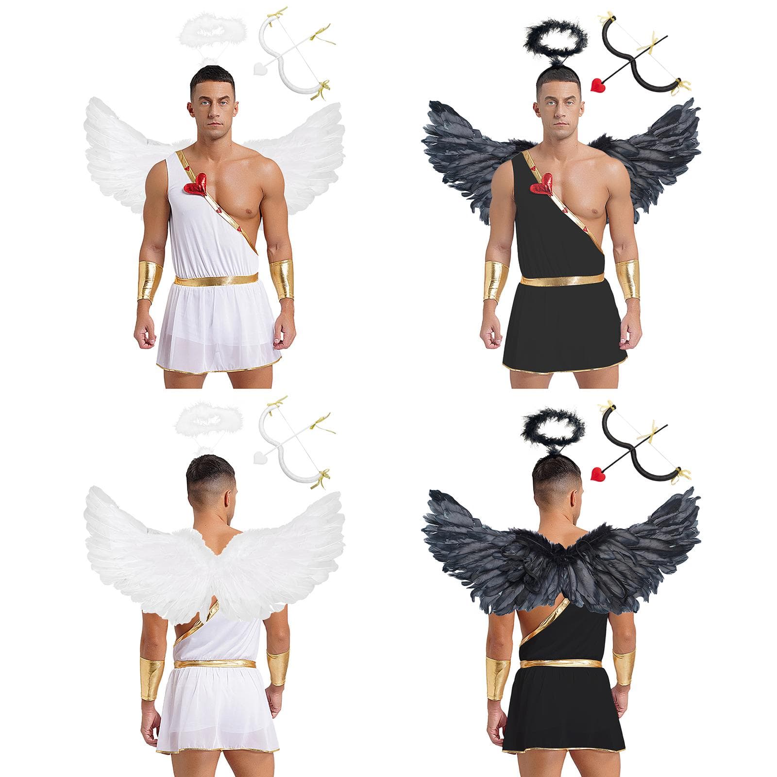 S-3XL 6-teiliges Herren-Cupid-Kostümset: Romper Jumpsuit mit abnehmbaren Ärmeln, Engelsflügeln, M-förmiger Schleife, Herzpfeil für Valentinstag &