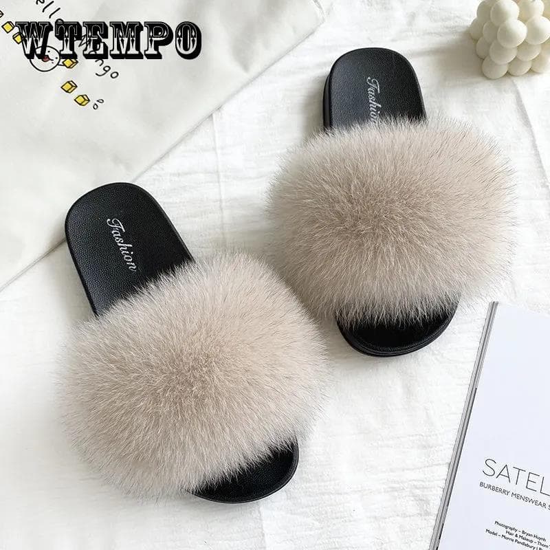 Pelzige Hausschuhe für Frauen im gleichen Stil in der Sommermode, echte Fuchsfell-Hausschuhe in Übergröße, Damen-Sandalen cm