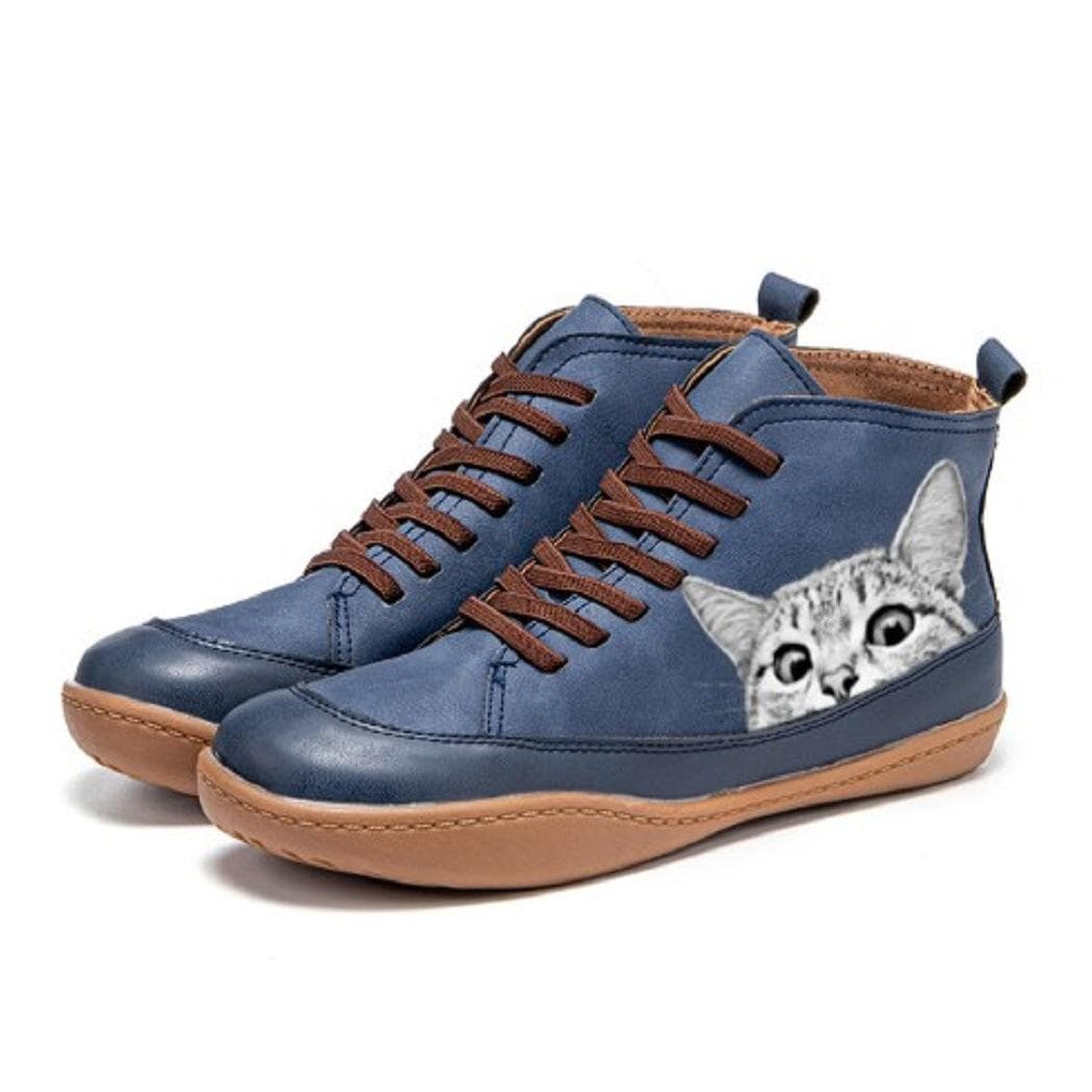 Bedruckte Katzen-Freizeitschuhe für Damen, europäische und amerikanische Plateauschuhe mit runder Spitze cm graue