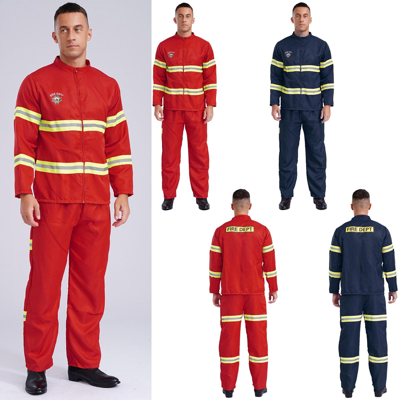 Feuerwehrmann-Kostüm für Herren, Feuerwehrmann-Ausgefallenes Verkleidungs-Outfit, Reflektorstreifen, 4-teiliger Sicherheitsanzug cm navy blau