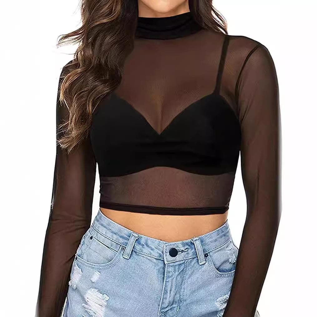 Damen Durchsichtiges Mesh Langarm Crop Top cm