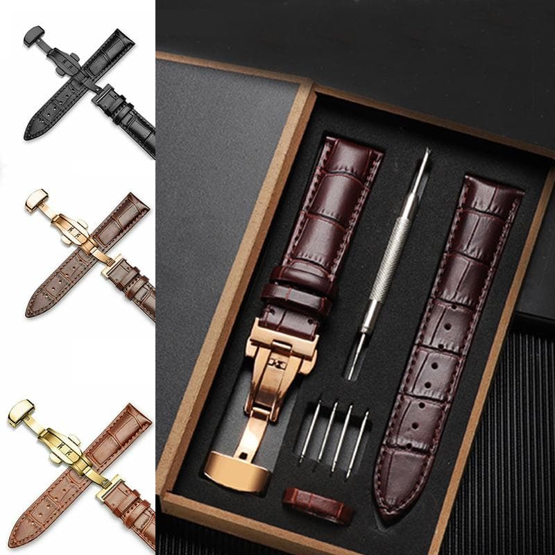 Echtes Leder-Uhrenarmband-Set, elegant, 18/20/22/24 mm, Faltschließe, Schmetterlingsschnalle, zum Selbermachen