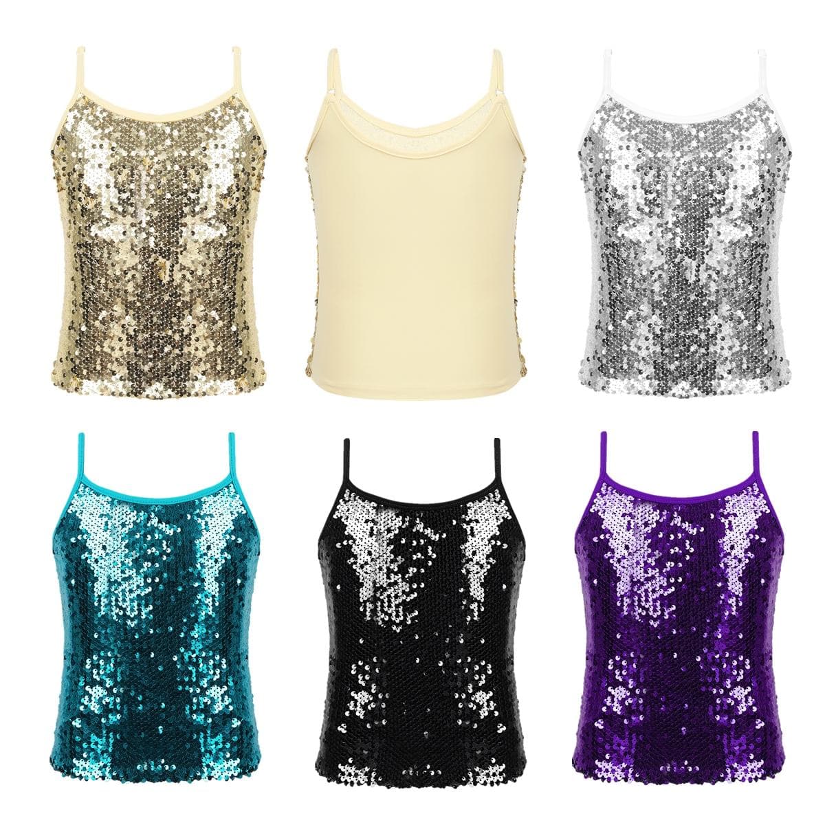 Tanktop für Kinder und Mädchen mit glänzenden Metallic-Spaghetti-Schulterträgern für Gymnastik-Tanzwettbewerbe cm gold