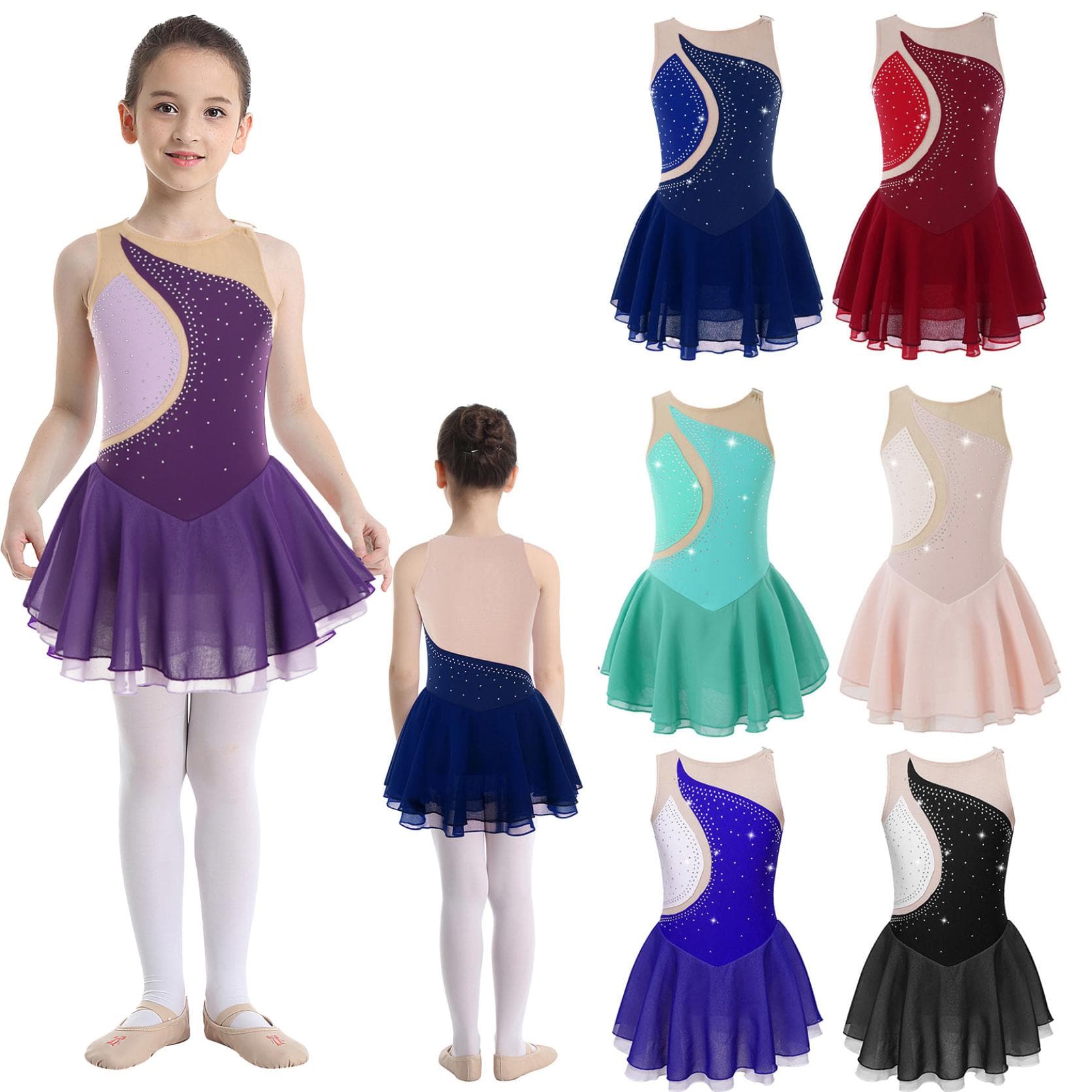 Ballett Tanz Kleid Kind Mädchen Strass Mesh Rocked Gymnastic Trikot Leistung Eiskunstlauf Kleid Dancewear cm rot