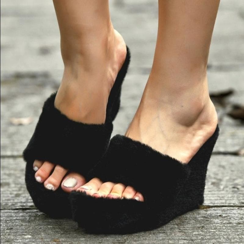 Fell Hausschuhe Damen Keilabsatz Schuhe Damen Hochhackige Pelzige Drag Fashion Outdoor All-Match Schuhe Hausschuhe Pelzige Slides cm himmelblaue