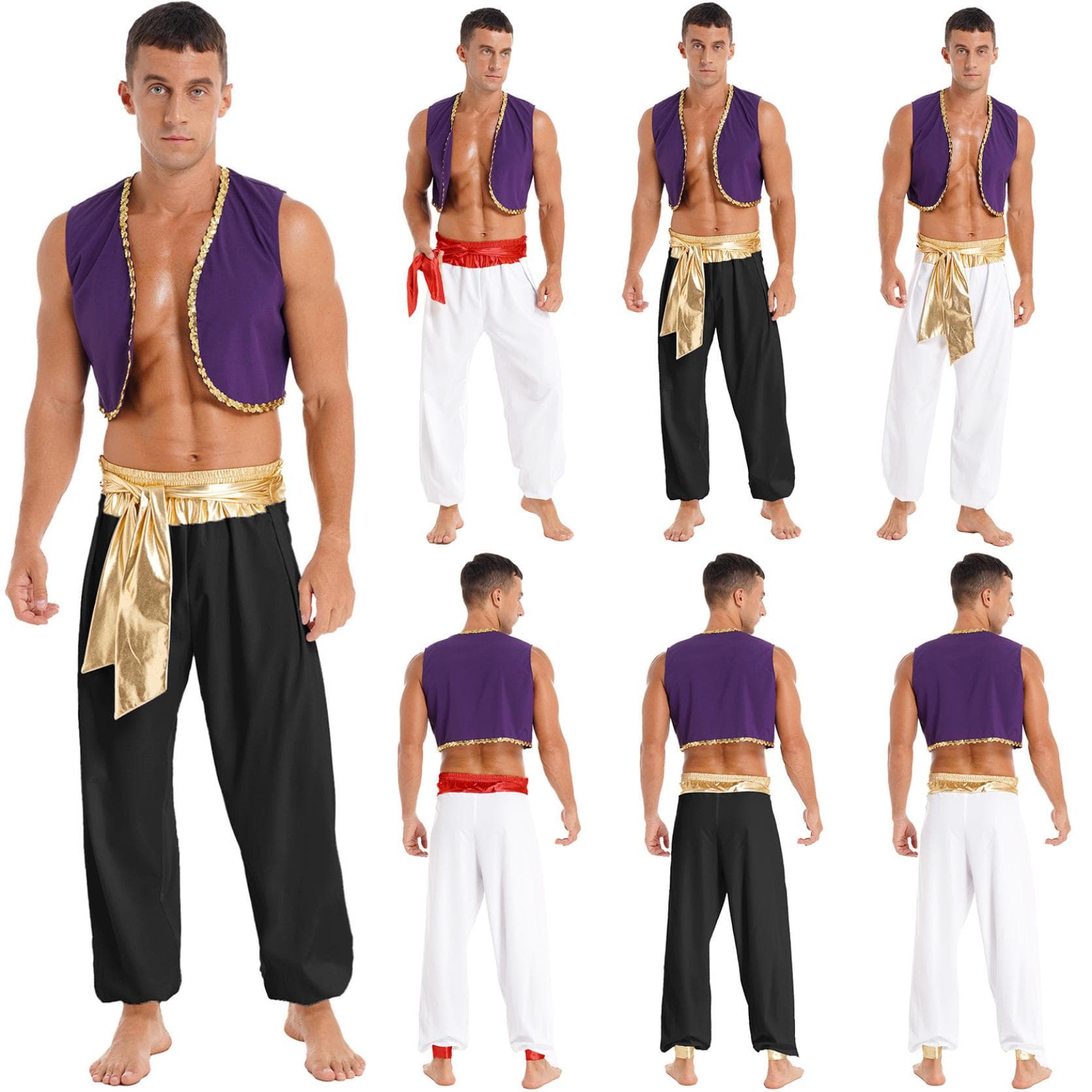 Männer Halloween Arabischer Prinz Kleidung Weste Tops mit Gürtel Pumphose Hosen Kostüm Ball Outfits cm gold