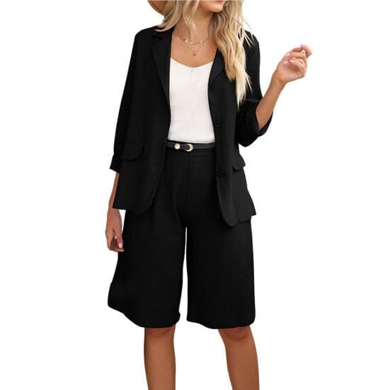 Einfaches Damen-Outfit, Revers, locker sitzende Knöpfe, elastische Taille, Shorts, Leinenanzug cm navy blau