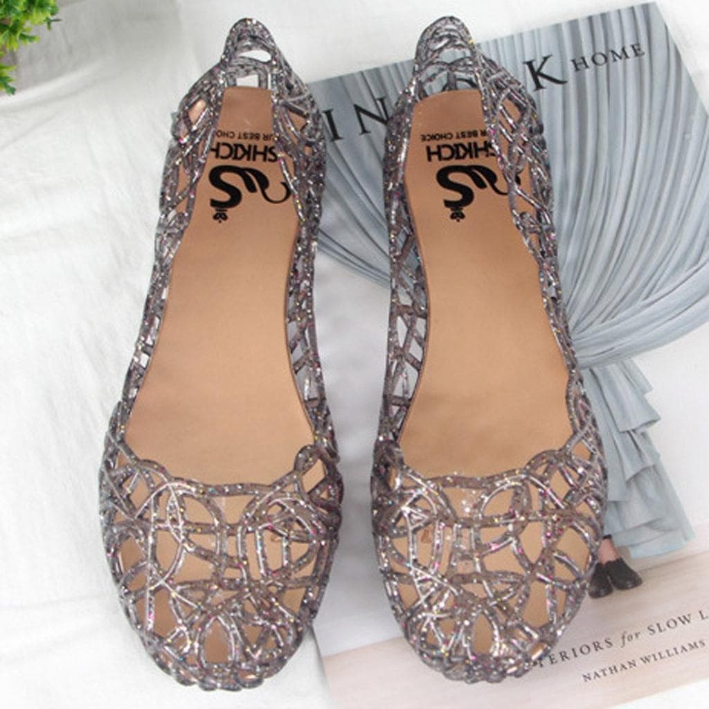Frauen Sommer Hausschuhe Funkelnde Gelee Schuhe Glänzende Baotou Hohe Elastische Schuhe Müßiggänger Zapatos Mujer Casual Flache Schuhe Tanz