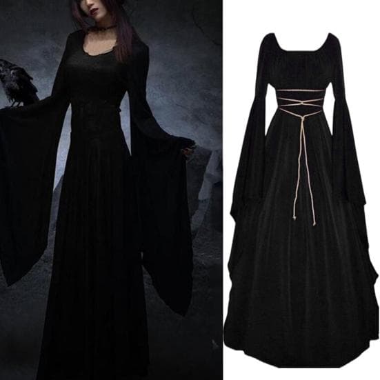 Halloween Renaissance Hexenkleid für Damen Gotisches Viktorianisches Kleid Lange Glockenärmel Mittelalterliches Kostüm für Halloween Cosplay Party
