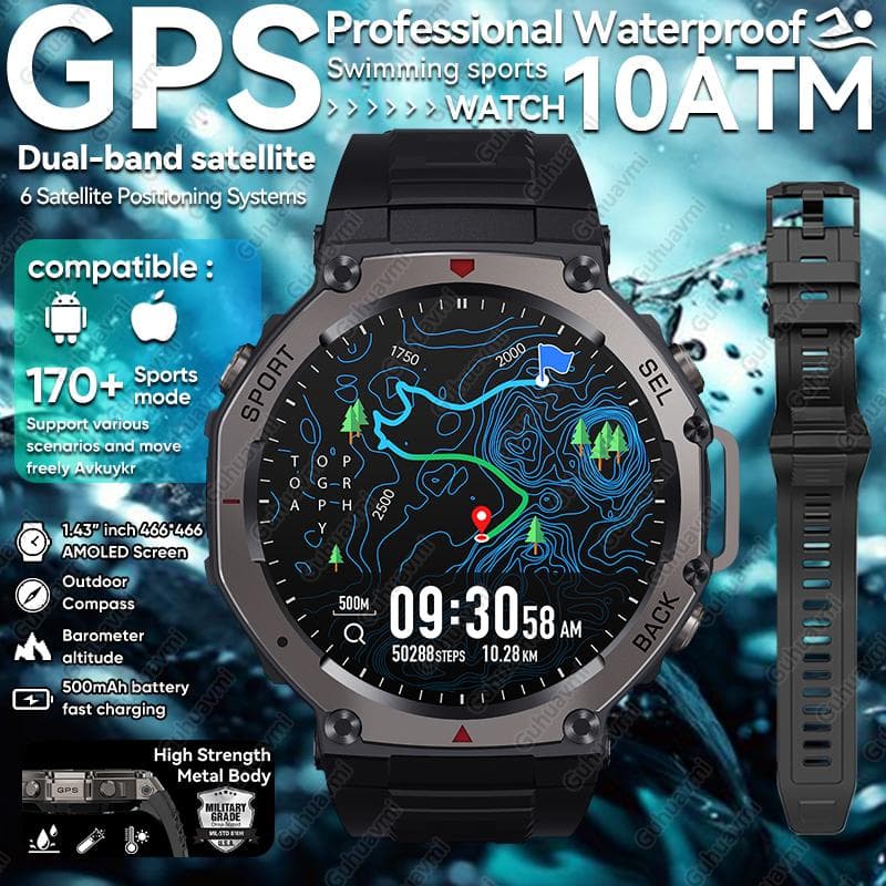 2025 Neue T-Rex 3 Ultra GPS Smartwatch 5 ATM Wasserdicht Eingebautes Dualband-GNSS Kompass Militär Sport Smartwatch rot