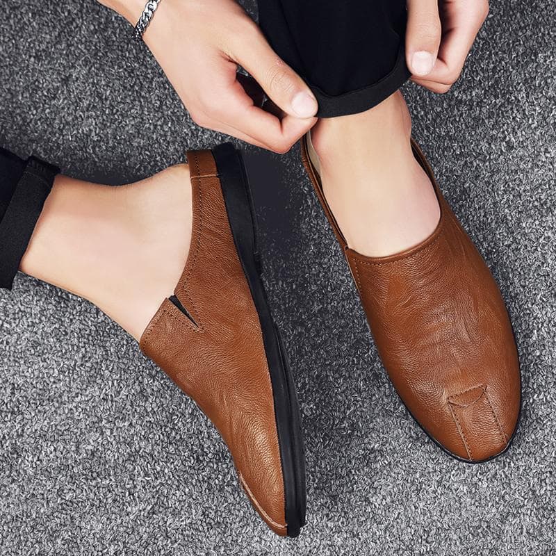 2024 Herren Sommer Neue Mode Lässige Halbschuhe Männlich Atmungsaktiv Rindsleder Loafer Slipper Mokassins Weiche Echtes Leder Sandalen cm schwarz