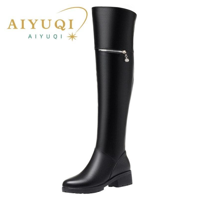 Damen Overknee-Stiefel, Wintermode, mittlerer Absatz, Fell, lange Stiefel, Damen-Reiterstiefel aus echtem Leder, Damen cm