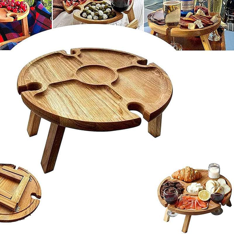 Table de pique-nique pliante Porte-verre à vin Rond Bureau pliable Support pour verres à vin Table de camping pliable Conçue pour la fête Bois
