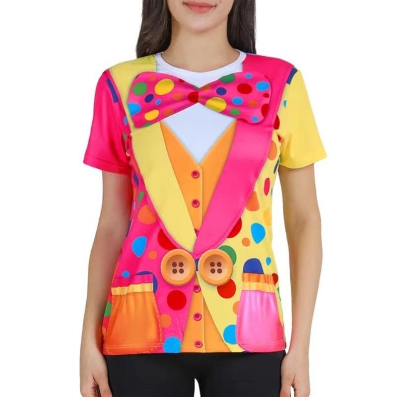 Damen Clown-Kostüm, Zirkus-Shirt, für Erwachsene, Damen, Halloween, Karneval, Outfit, Übergröße, Schleife, Grafik, O-Ausschnitt, 3D-Druck, bunt,