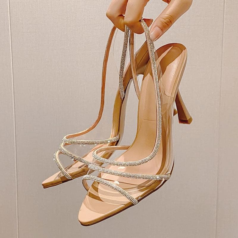 Sommer Mode Sandalen Damen Sexy Slingback Absatz Strass Elegant Spitz Zehenbereich Transparentes PVC Party Pumps Schuhe cm apricot