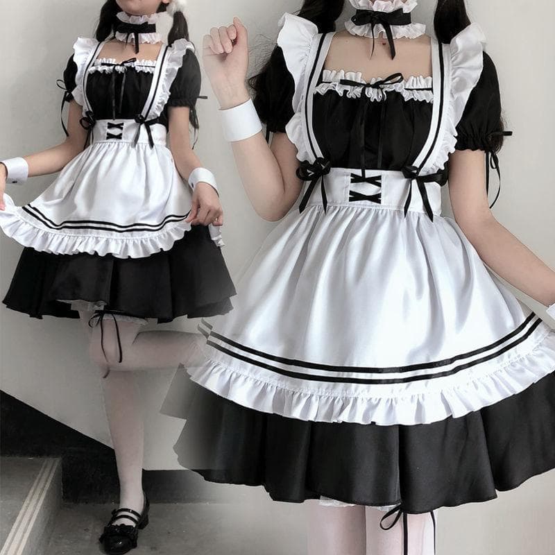 Dienstmädchen Cosplay Kostüm Lolita Spitzenkleid Ouji Kleidung Schwarz Gothic Karneval Halloween Outfit für Männer Frauen Cosplay Kostüme cm