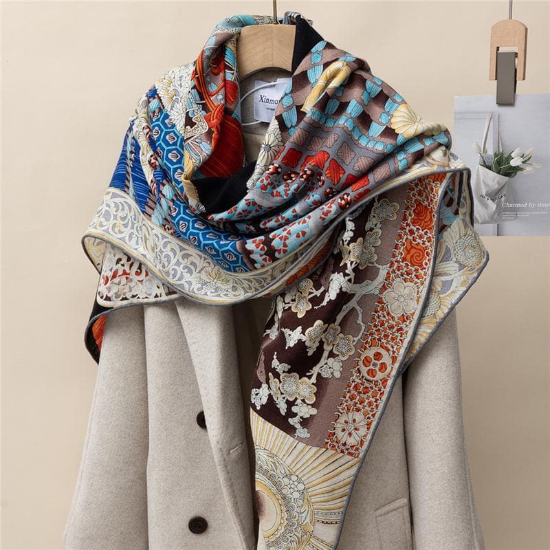 130*130cm 30% Seide +70% Wolle Schal Retro Vintage Luxuriös Weich Stola Groß Warm Winter Wickeltuch für Damen 130cm