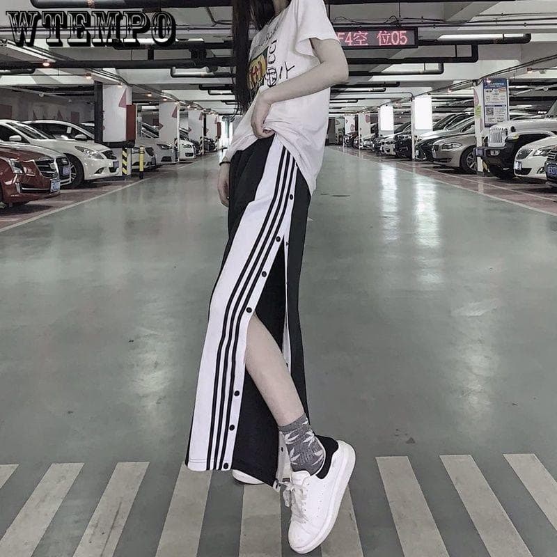 Damen-Jogginghose, Jogginghose, weites Bein, lockere Streifen, lässige Hose mit hoher Taille, Streetwear-Hose cm schwarz