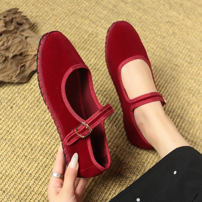 Frauen Mary Jane Schuhe Casual Streetwear Ballerinas Pumps Weibliche Einfarbig Rot Stoff Schuhe cm violett