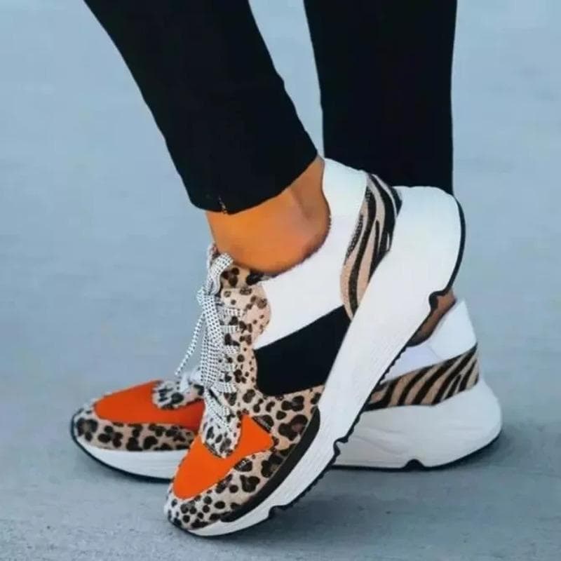 Damen Atmungsaktiver Mesh-Sneaker Damen Schnürschuh Vulkanisiert Damen Bequem Damen Freizeit Flach Damen Tennisschuhe Übergröße cm Leo-Print