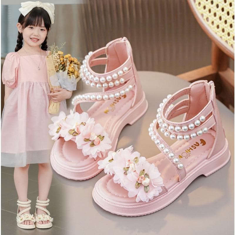 Mädchensandalen 2026 Sommer Neu Mode für kleine Mädchen Prinzessinnenschuhe Baby Blumenfee Stil Weiche Sohle Perlen Schuhe cm rosa