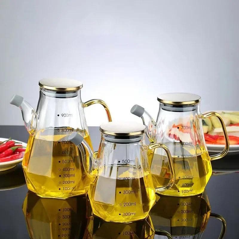 Glas Ölkanne 500/700/900ml Auslaufsicher Diamant Ölflasche mit Skala/Deckel Küche Sojasauce Essig Gewürz Aufbewahrungsbehälter