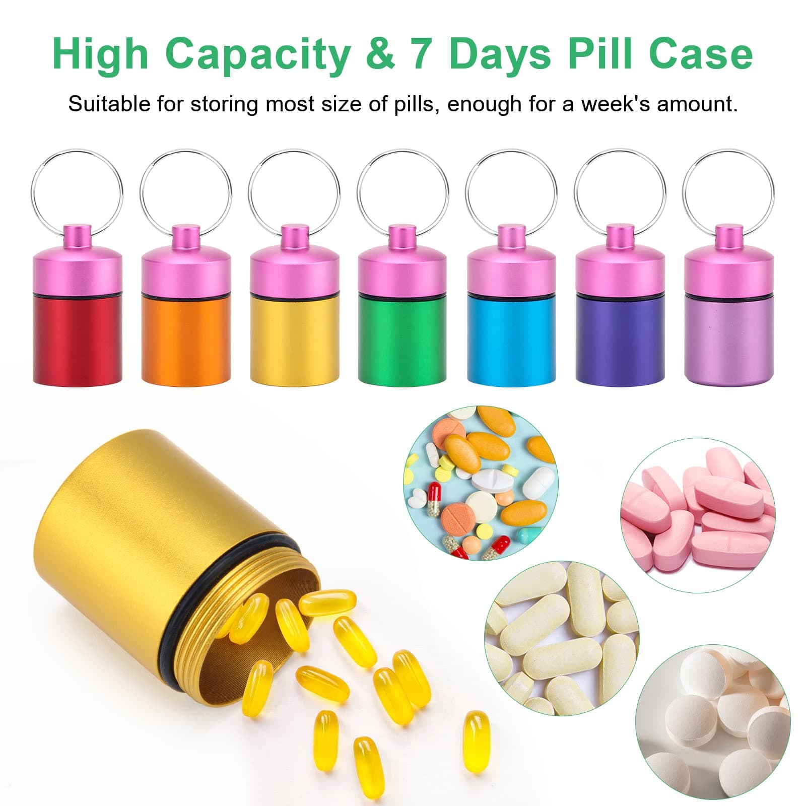 Petit Porte-Pilules Portable Porte-Clés Étanche Métal Tube Porte-Pilules avec 7 Compartiments pour Urgence Mini Organisateur de Pilules