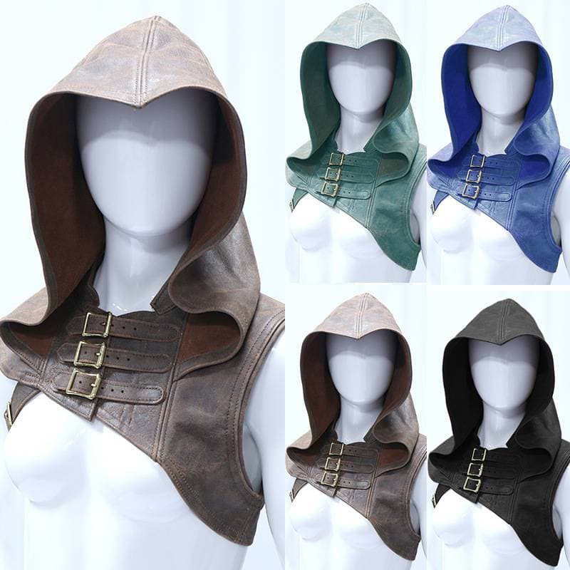 Modische Unisex-Cosplay-Weste aus Leder mit Kapuze, Vintage-Stil, mittelalterlicher Hut, einfarbig, Halloween, ärmellose Westen in Übergröße cm