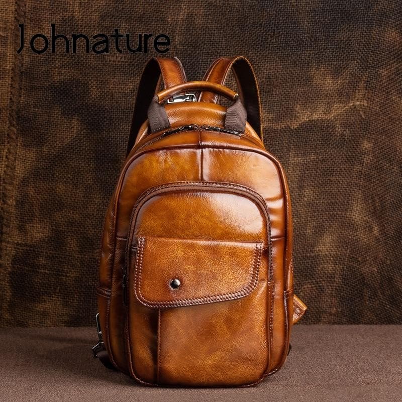 Johnature Retro Männer Mini Rucksack Aus Echtem Leder Multifunktionale Tasche Erste Schicht Rindsleder Handgemachte Männliche Brust Taschen